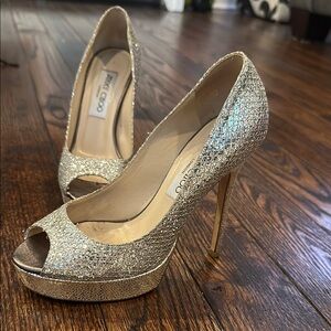 Jimmy Choo Gold Stiletto Heels with Glitter Finish